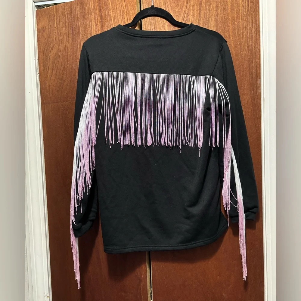 Women's Black Crewneck with pink & white tassels - Picture 6 of 6